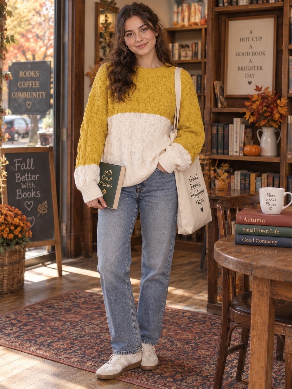 Hem & Thread M Mustard Cream Cable Knit Colorblock Sweater